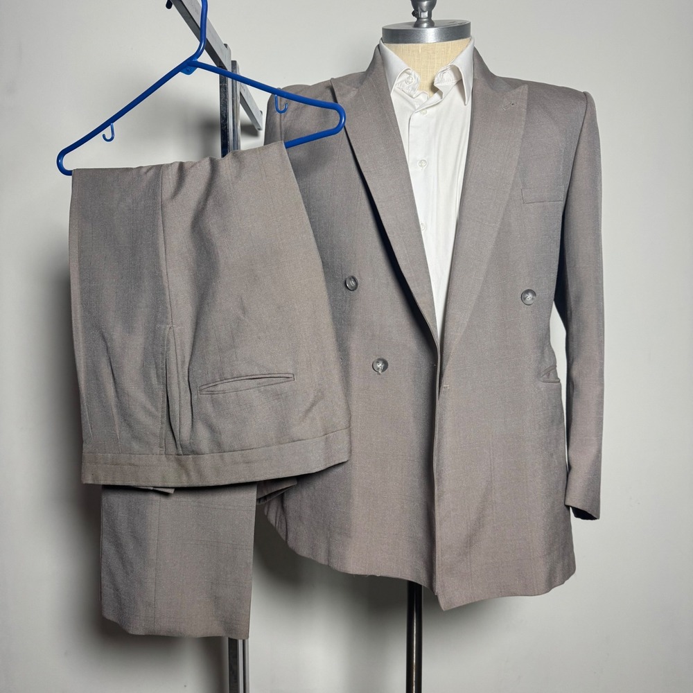 Falcone Suit Set Mens 44R 38x30 Brown Grey Windowpane Double Breasted‎ Vintage